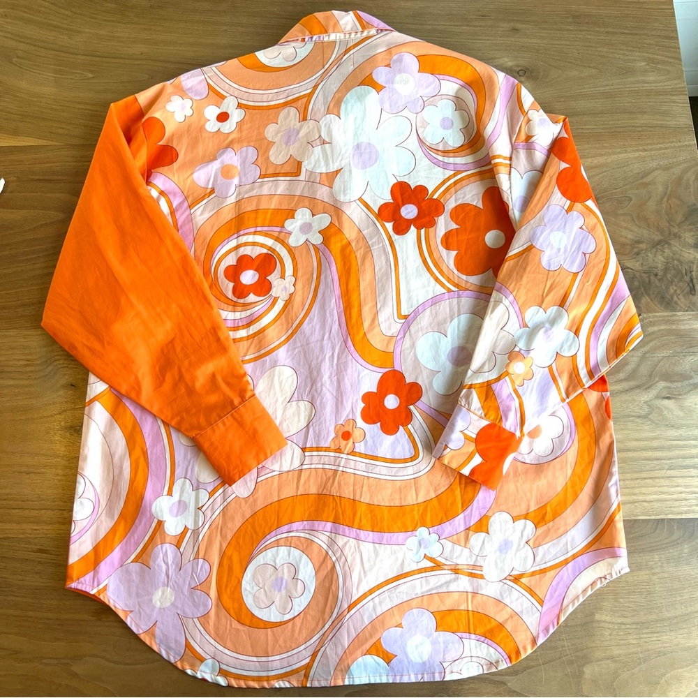 Cin Cin Shadow Bloom Orange and White Floral Button-Up Cotton Shirt Size Small - Picture 5 of 11